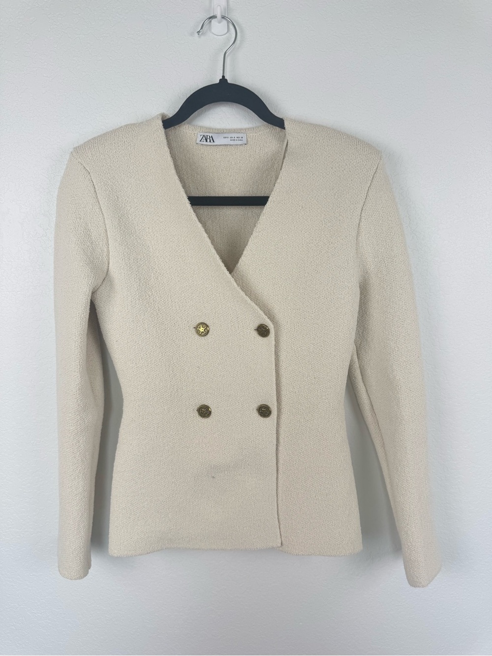 Zara Cream Double-Breasted Textured Blazer with Gold Buttons